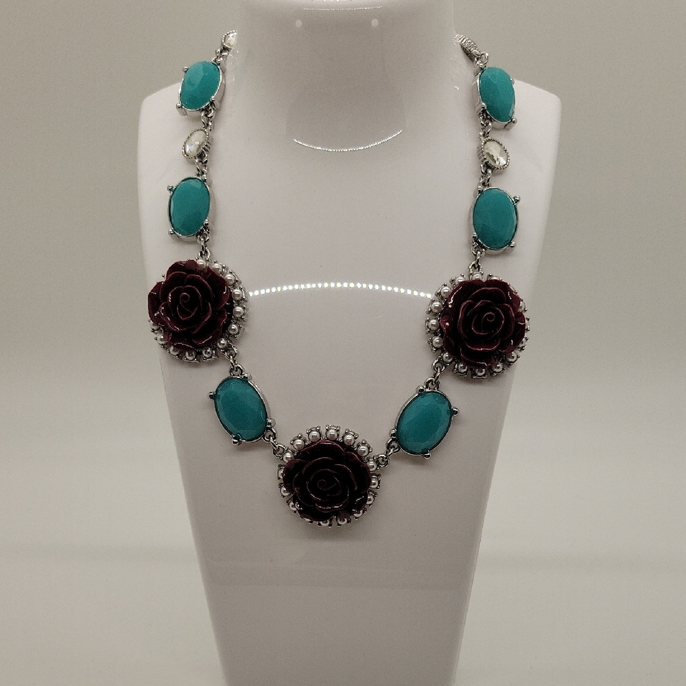 Lia Sophia Turquoise and Maroon Floral Necklace